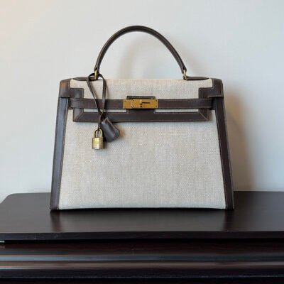 HERMES Ecru/Ebene Toile Canvas Box Calf Kelly Sellier 32 GHW