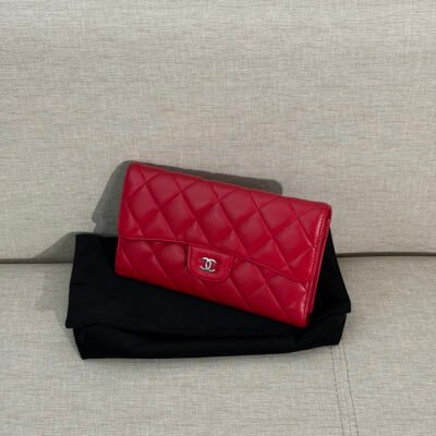 CHANEL Red Lambskin Classic Flap Wallet Long SHW