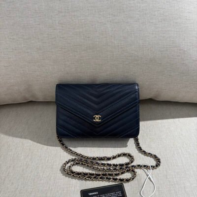 CHANEL Navy Blue Lambskin Chevron Wallet on Chain WOC GHW