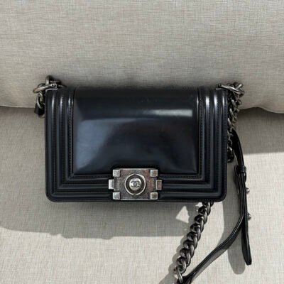 CHANEL Black Patent Leather Boy Bag Small RHW