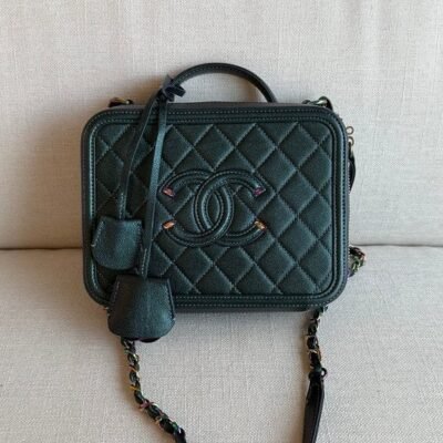 CHANEL Black Caviar Filigree Vanity Case Medium Rainbow HW