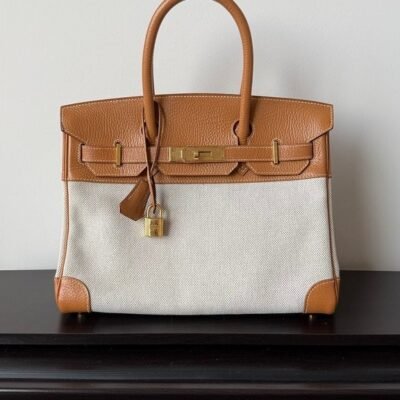 HERMES Toile/Gold Toile Canvas & Swift Leather Birkin 30 GHW