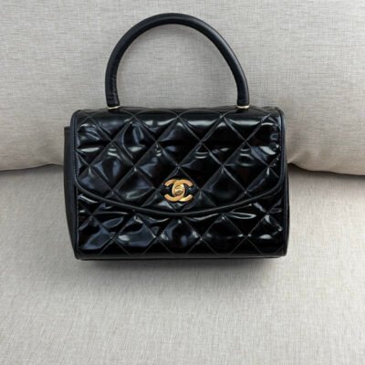 CHANEL Black Patent Handle Kelly Bag Small GHW
