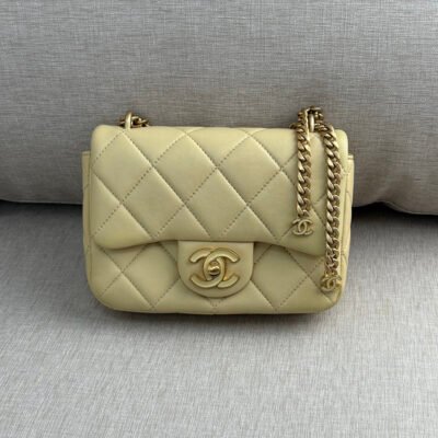 CHANEL Yellow Lambskin CC Pendant Mini Square Flap Bag GHW