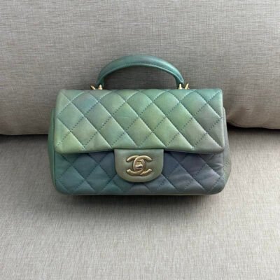 CHANEL Blue Green Cloudy Lambskin Mini Rectangular Flap Bag with Top Handle GHW