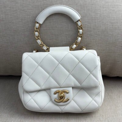 CHANEL White Lambskin Mini Flap with Top Handle GHW