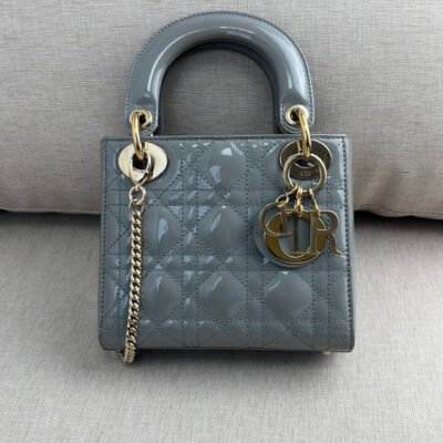 DIOR Grey Patent Leather Lady Dior Mini GHW