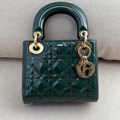DIOR Dark Green Patent Leather Lady Dior Mini GHW