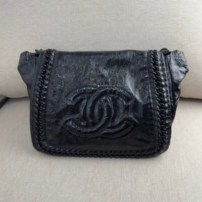 CHANEL Black Patent Leather Modern Chain Flap Large BHW
