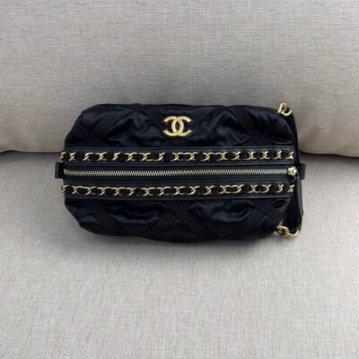 CHANEL Black Nylon Fabric & Grosgrain Case with Sleep Mask GHW