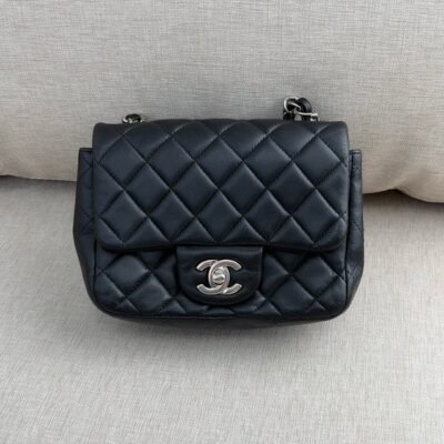 CHANEL Black Lambskin Mini Square Flap Bag SHW
