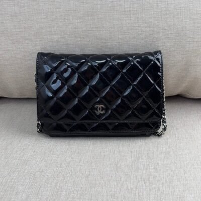 CHANEL Black Patent Calfskin Wallet on Chain WOC SHW