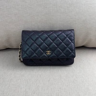 CHANEL Black Iridescent Caviar Wallet on Chain WOC GHW