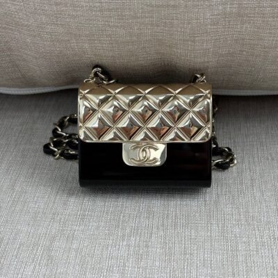 CHANEL Gold/Black Metal Mini Classic Pendant SHW