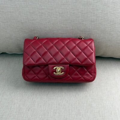 CHANEL Dark Pink Lambskin Classic Flap Mini Rectangular GHW