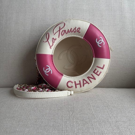 CHANEL Pink and White Lambskin Coco Lifesaver Round Bag GHW
