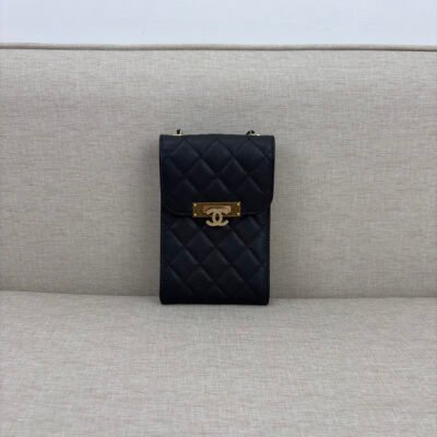 CHANEL Black Caviar Phone Holder Crossbody Mini GHW