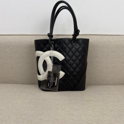 CHANEL Black/White Calfskin Cambon Tote Small SHW