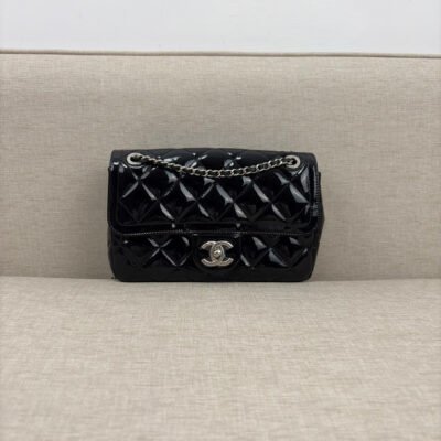 CHANEL Black Patent Leather Classic Flap Small SHW