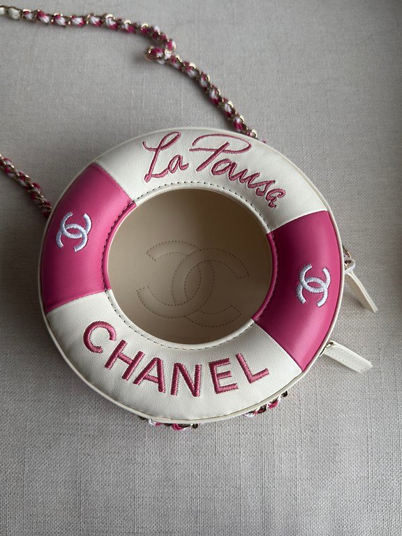 CHANEL Pink and White Lambskin Coco Lifesaver Round Bag GHW - Image 8