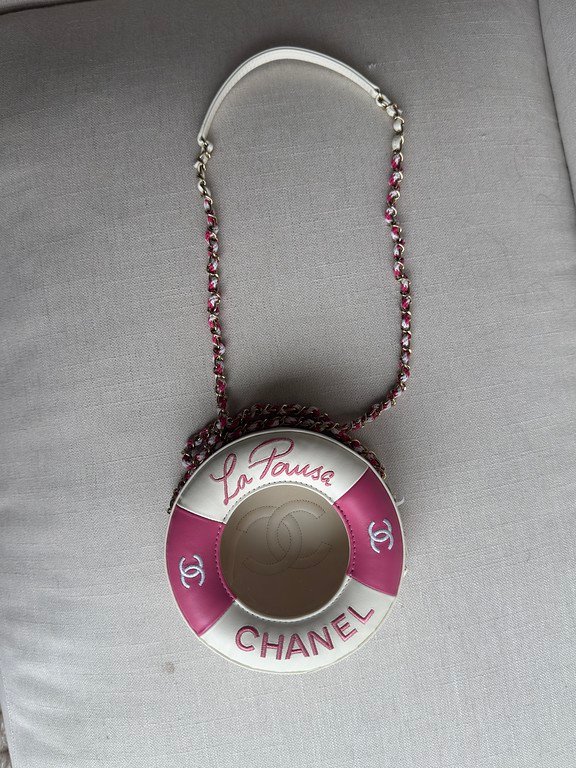CHANEL Pink and White Lambskin Coco Lifesaver Round Bag GHW - Image 10