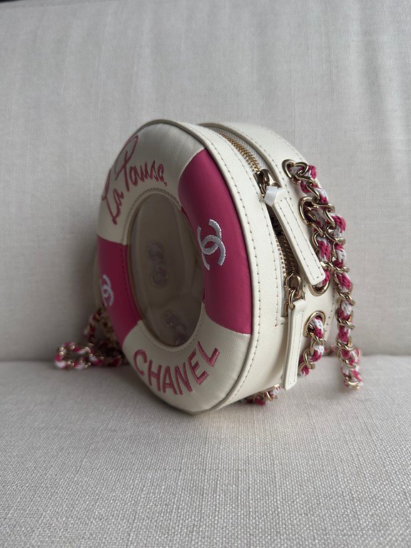 CHANEL Pink and White Lambskin Coco Lifesaver Round Bag GHW - Image 12