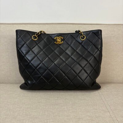 CHANEL Black Vintage Quilted Calfskin Tote Bag 24k Plated GHW