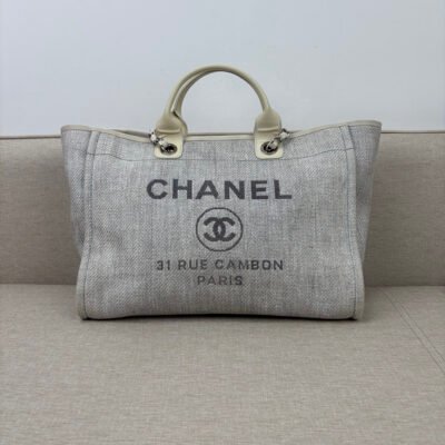 CHANEL Grey Raffia Deauville Shopping Bag Medium SHW