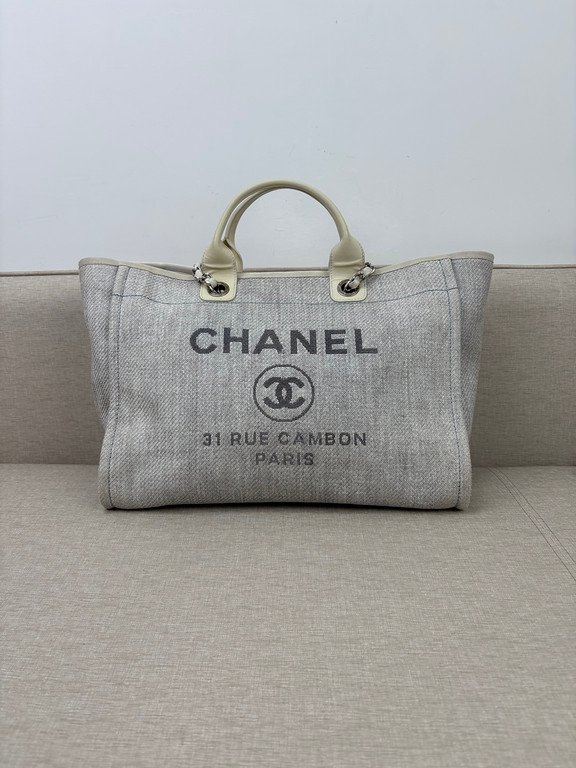 CHANEL Grey Raffia Deauville Shopping Bag Medium SHW