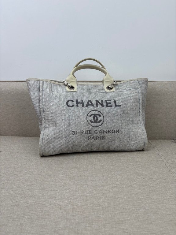 CHANEL Grey Raffia Deauville Shopping Bag Medium SHW - Image 16