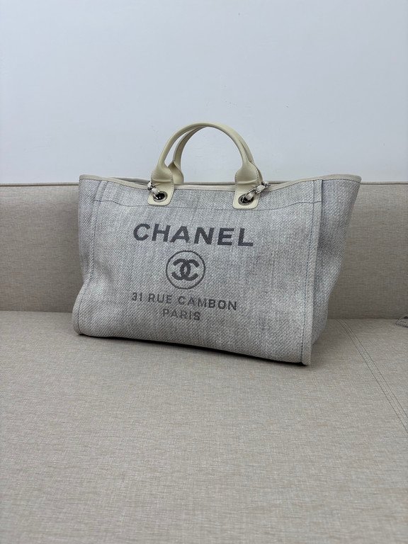 CHANEL Grey Raffia Deauville Shopping Bag Medium SHW - Image 2