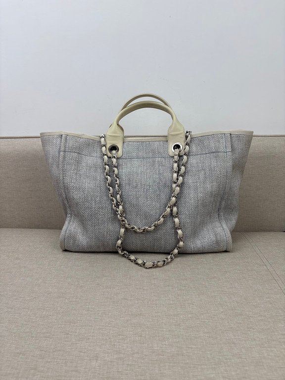 CHANEL Grey Raffia Deauville Shopping Bag Medium SHW - Image 3