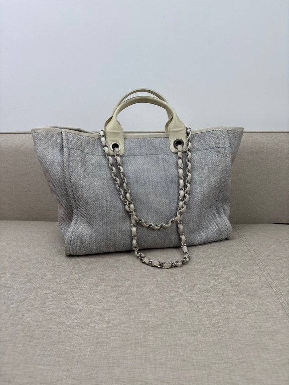 CHANEL Grey Raffia Deauville Shopping Bag Medium SHW - Image 4