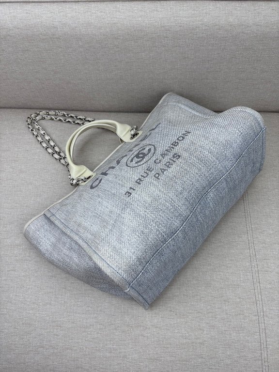 CHANEL Grey Raffia Deauville Shopping Bag Medium SHW - Image 5
