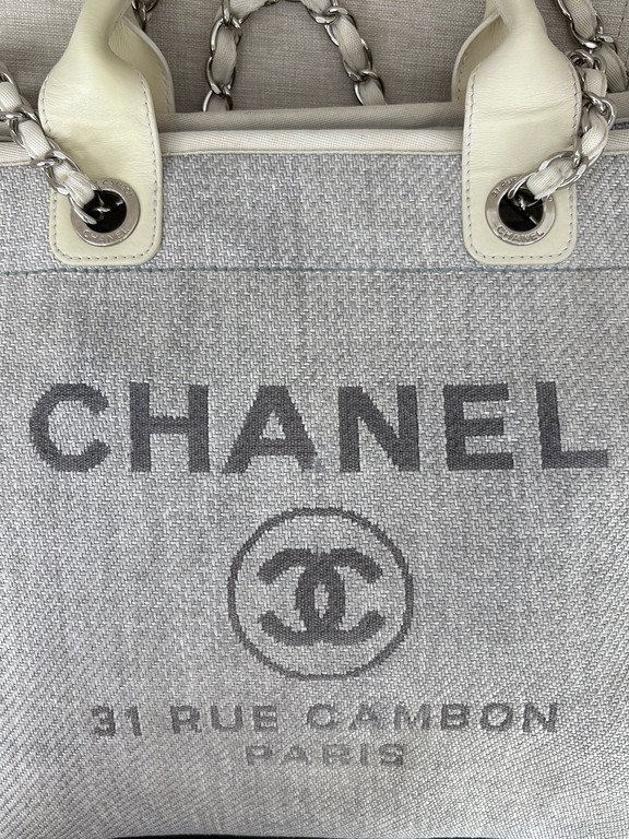 CHANEL Grey Raffia Deauville Shopping Bag Medium SHW - Image 12