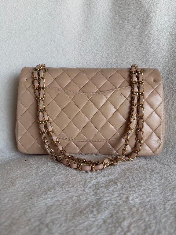 CHANEL Beige Lambskin Classic Double Flap Medium GHW - Image 2
