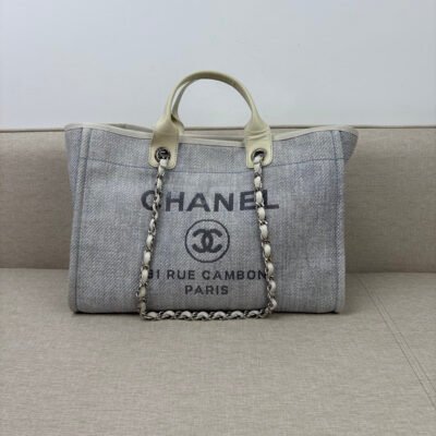 CHANEL Grey Raffia Deauville Shopping Bag Medium SHW