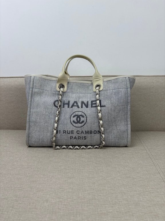 CHANEL Grey Raffia Deauville Shopping Bag Medium SHW