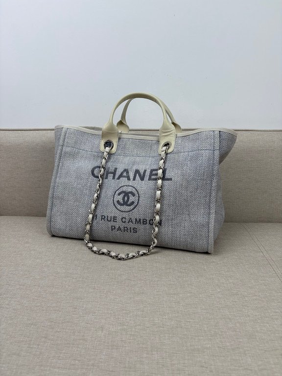 CHANEL Grey Raffia Deauville Shopping Bag Medium SHW - Image 2