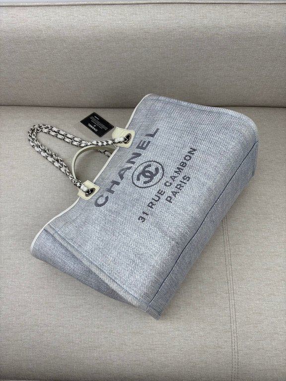 CHANEL Grey Raffia Deauville Shopping Bag Medium SHW - Image 4