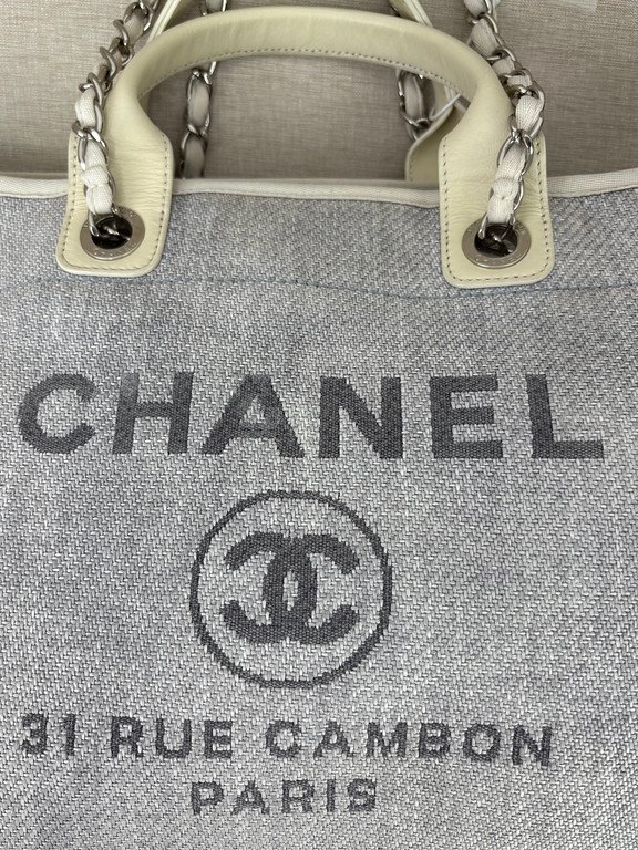 CHANEL Grey Raffia Deauville Shopping Bag Medium SHW - Image 11