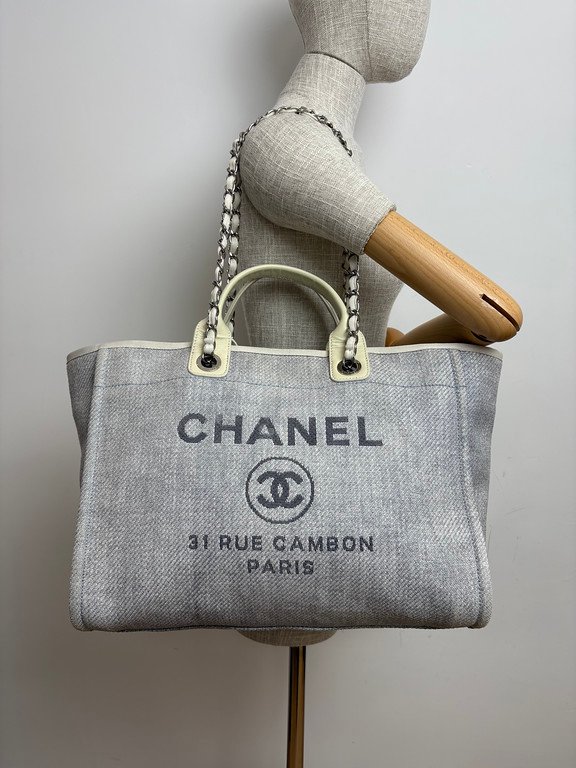 CHANEL Grey Raffia Deauville Shopping Bag Medium SHW - Image 25
