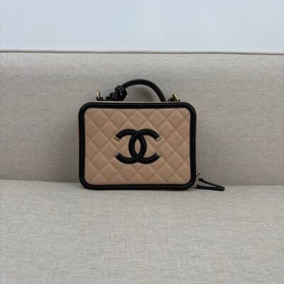 CHANEL Beige/Black Caviar CC Filigree Vanity Case Small GHW