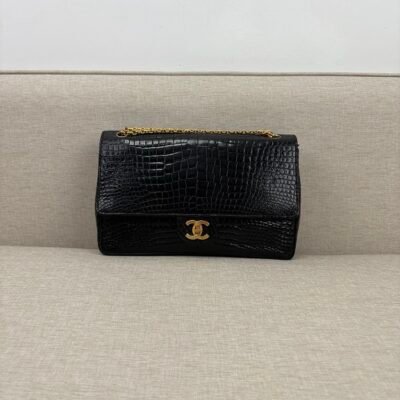 CHANEL Black Crocodile Classic Flap Medium GHW