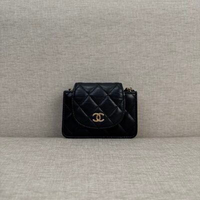 CHANEL Black Lambskin Flap Coin Purse with Chain Mini GHW
