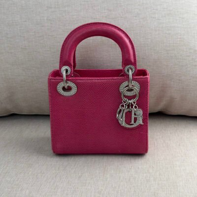 DIOR Fuchsia Pink Lizard Leather Lady Dior Mini SHW