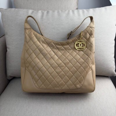 CHANEL Beige Lambskin Hobo Bag Large GHW