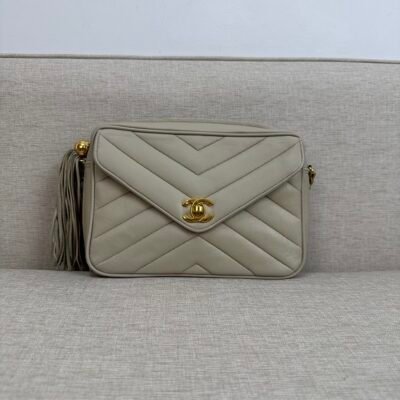 CHANEL Beige Lambskin Chevron Camera Bag Small GHW