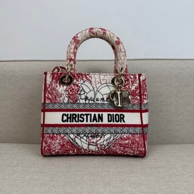 DIOR Red/White Embroidered Canvas Lady D-Lite Medium GHW