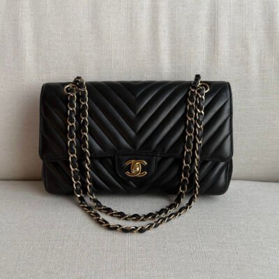 CHANEL Black Lambskin Chevron Classic Flap Medium GHW